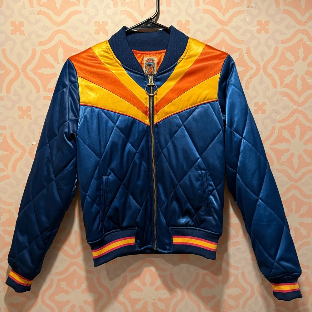 Quilted Blue Satin Bomber Jacket with Orange & Yellow Panels - Picture 3 of 4